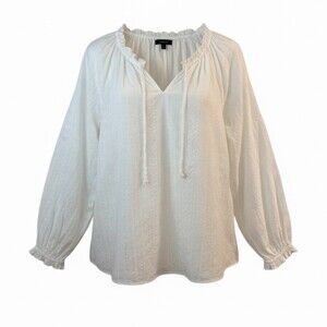 Talbots Women's XL White Eyelet Embroidered Peasant Blouse Ruffle Boho Top